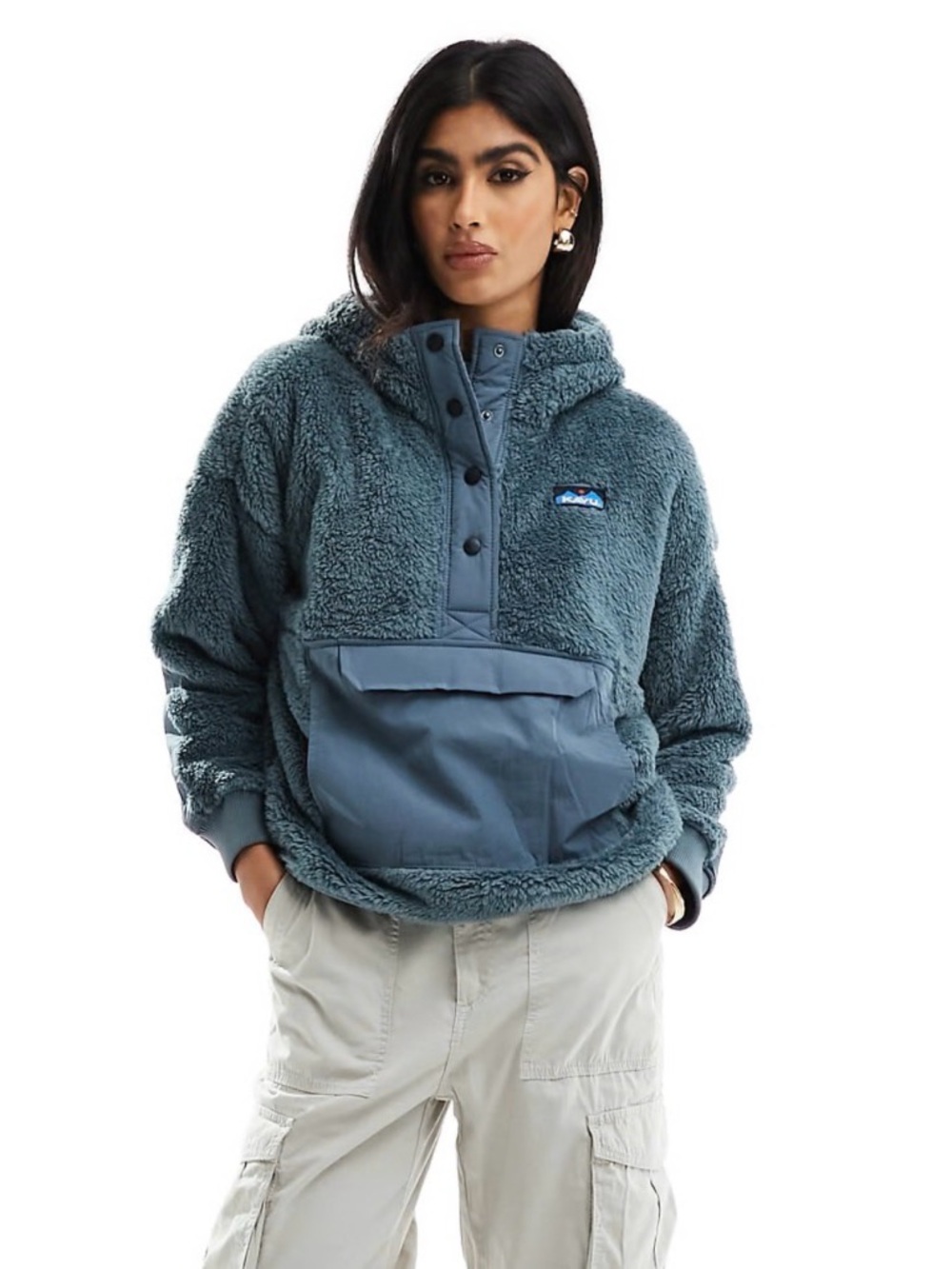 Kavu moon ridge pull over fleece Womens Small Blue Teddy Hoodie Fuzzy Sweatshirt